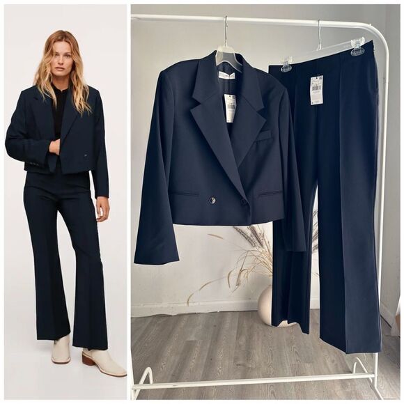Mango 100% Wool Co-Ord Set Blazer Pants Navy - Picture 1 of 7